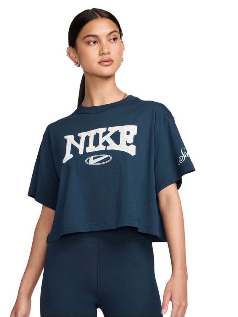 Nike Navy Cropped Logo Tee with White Graphic